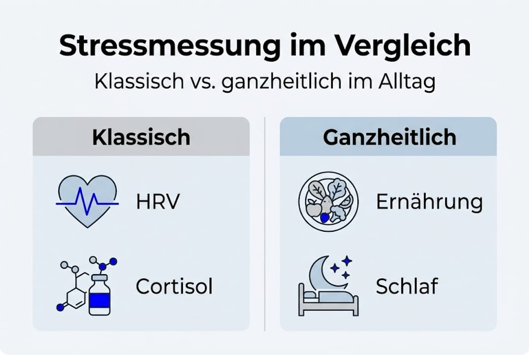 Die Infografik veranschaulicht, wie Stress sowohl auf traditionelle Weise als auch aus ganzheitlicher Perspektive gemessen werden kann.