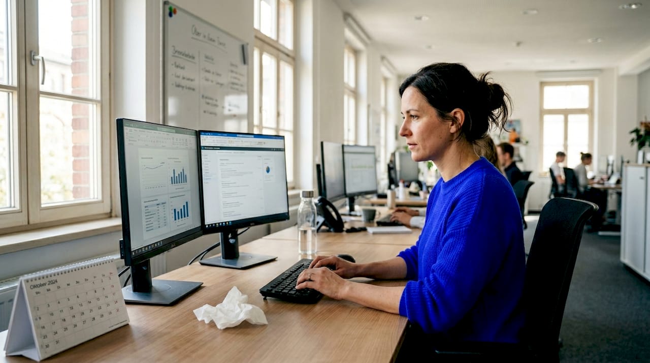 Eine Frau arbeitet konzentriert an ihrem Schreibtisch und nutzt dabei zwei Monitore.