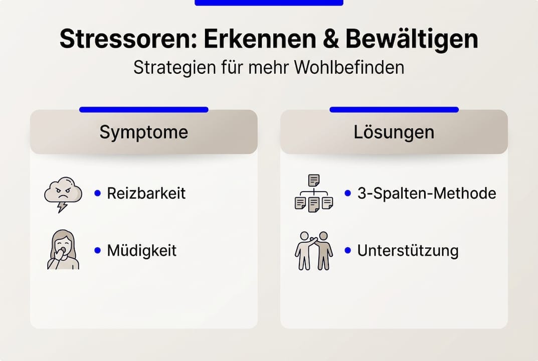 Grafik: Typische Anzeichen von Stress und praktische Tipps zur Bewältigung