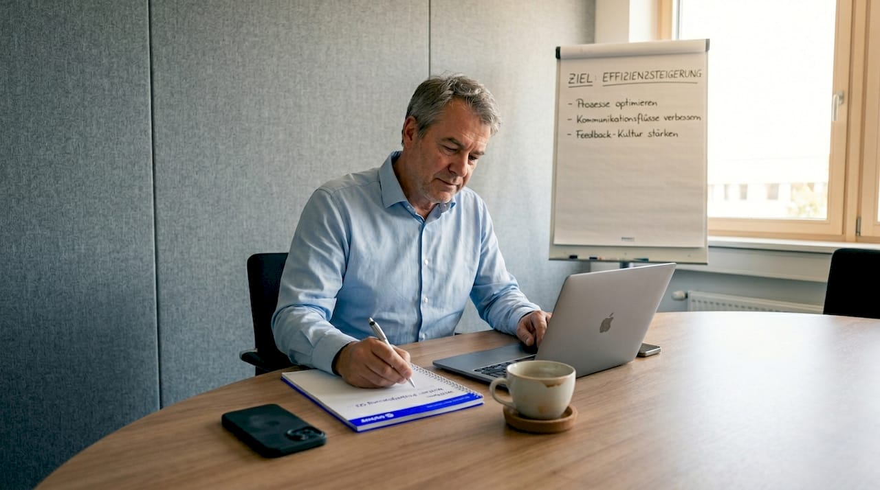 Ein Mann sitzt am Konferenztisch und macht sich Notizen.