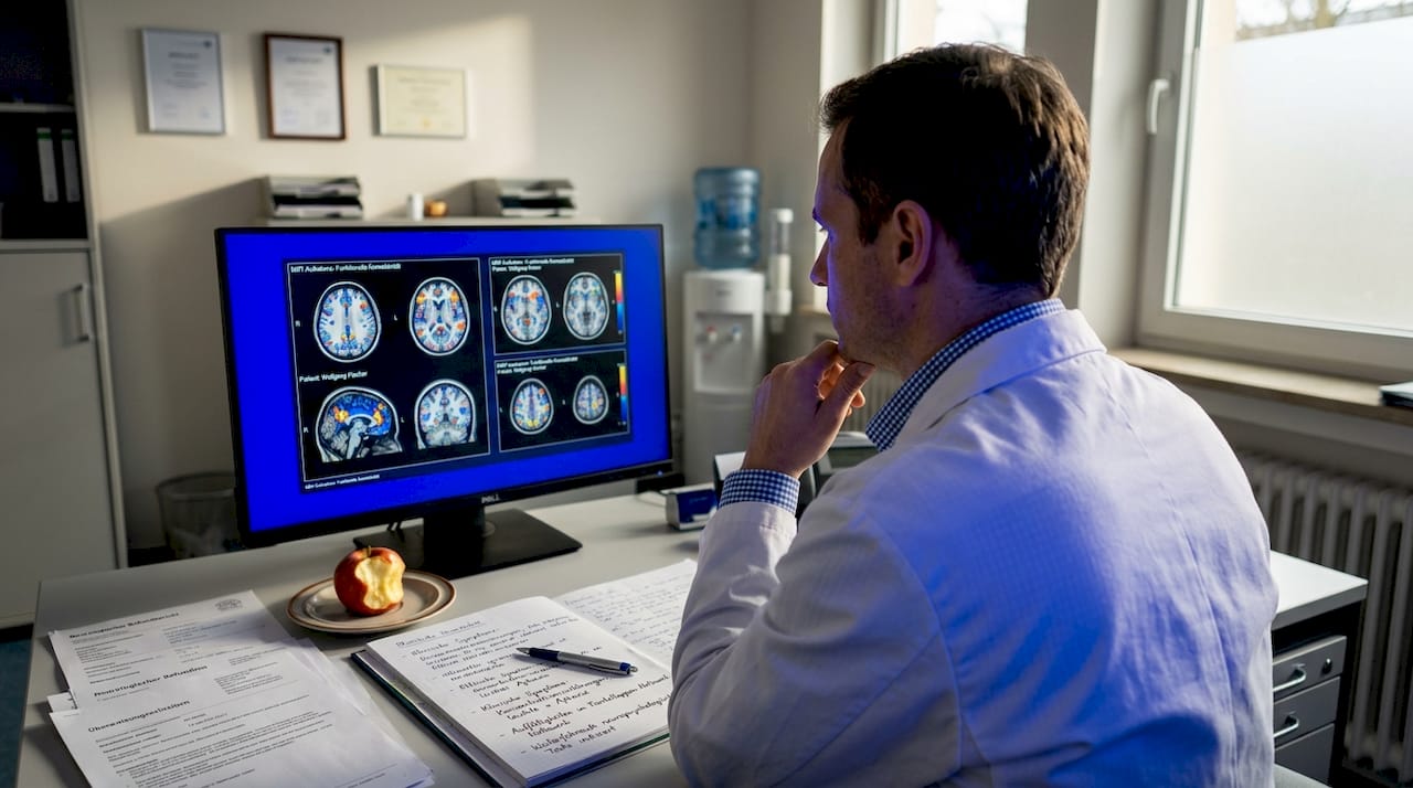 Ein Neurologe untersucht MRT-Aufnahmen des Gehirns, um die Ursachen von Schmerzen zu erkennen.