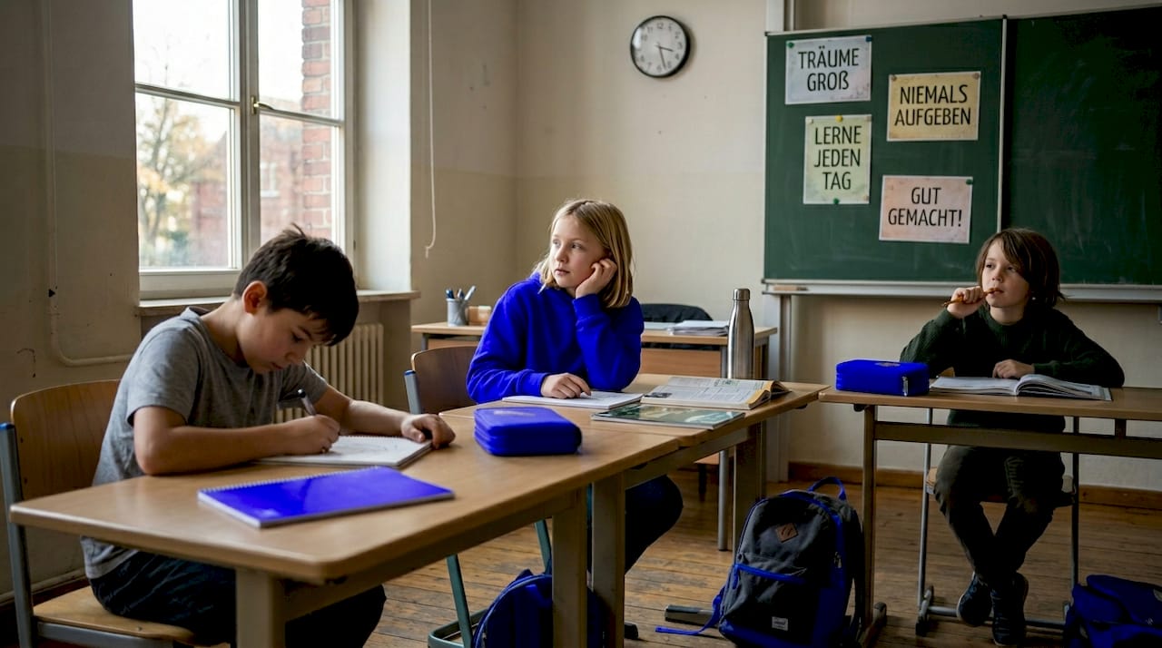Kinder sitzen konzentriert und nachdenklich bei einer Schulaufgabe am Tisch.