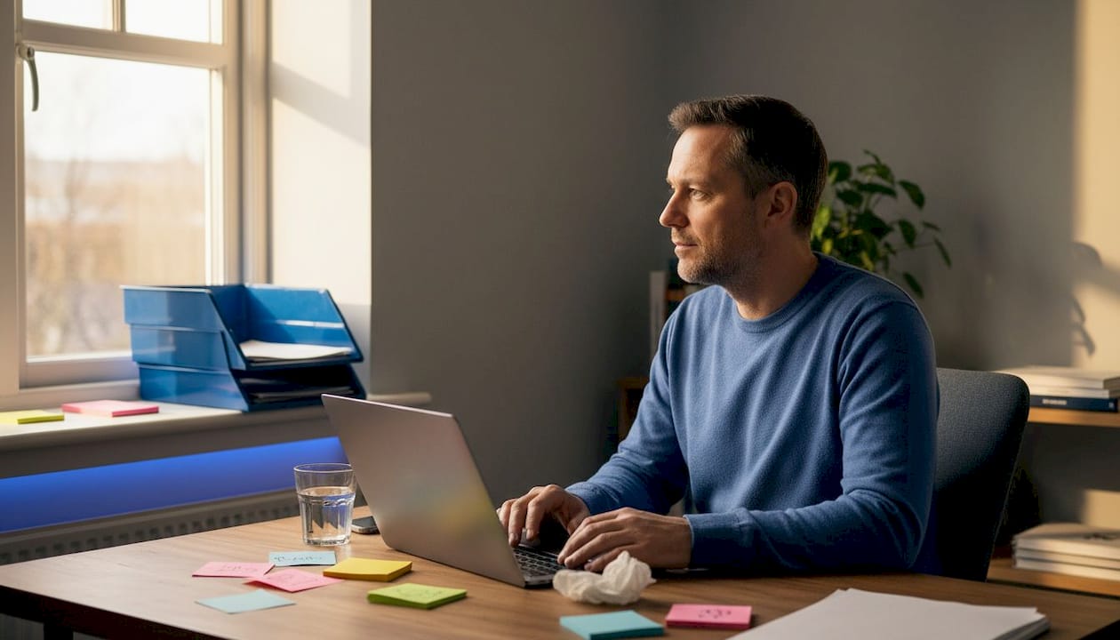 Ein Mann sitzt im Homeoffice an seinem Schreibtisch und denkt nach.