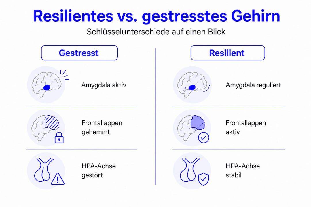 Die Infografik zeigt auf einen Blick, wie sich ein widerstandsfähiges Gehirn von einem gestressten unterscheidet.