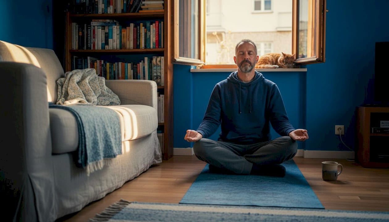 Ein Mann sitzt entspannt auf seiner Yogamatte zu Hause und meditiert.