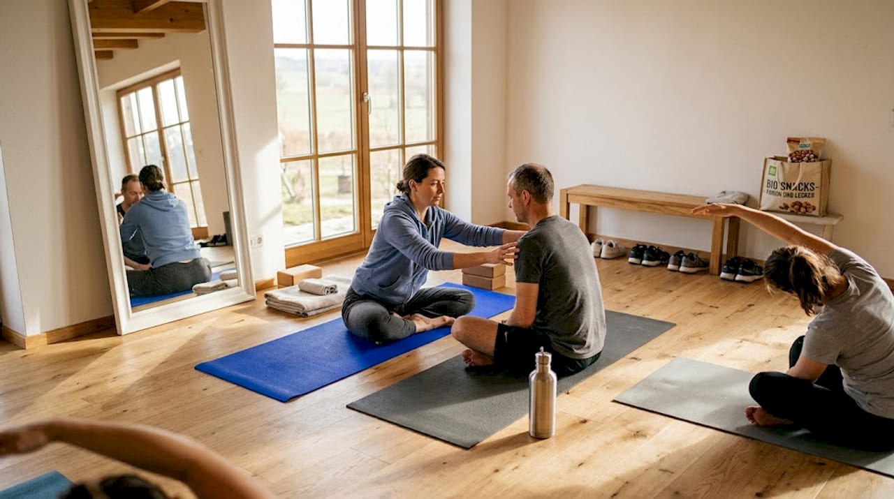 Eine kleine Gruppe nimmt an einem Bodywork-Kurs teil und sitzt gemeinsam auf Yogamatten.