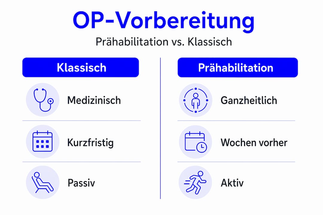 Eine Infografik zeigt die Unterschiede zwischen Prähabilitation und herkömmlicher OP-Vorbereitung auf einen Blick.