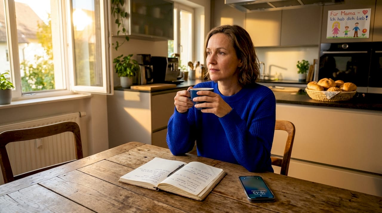 Mit einer Tasse Kaffee gönnt sich die Mutter eine entspannte Pause in ihrer Küche.
