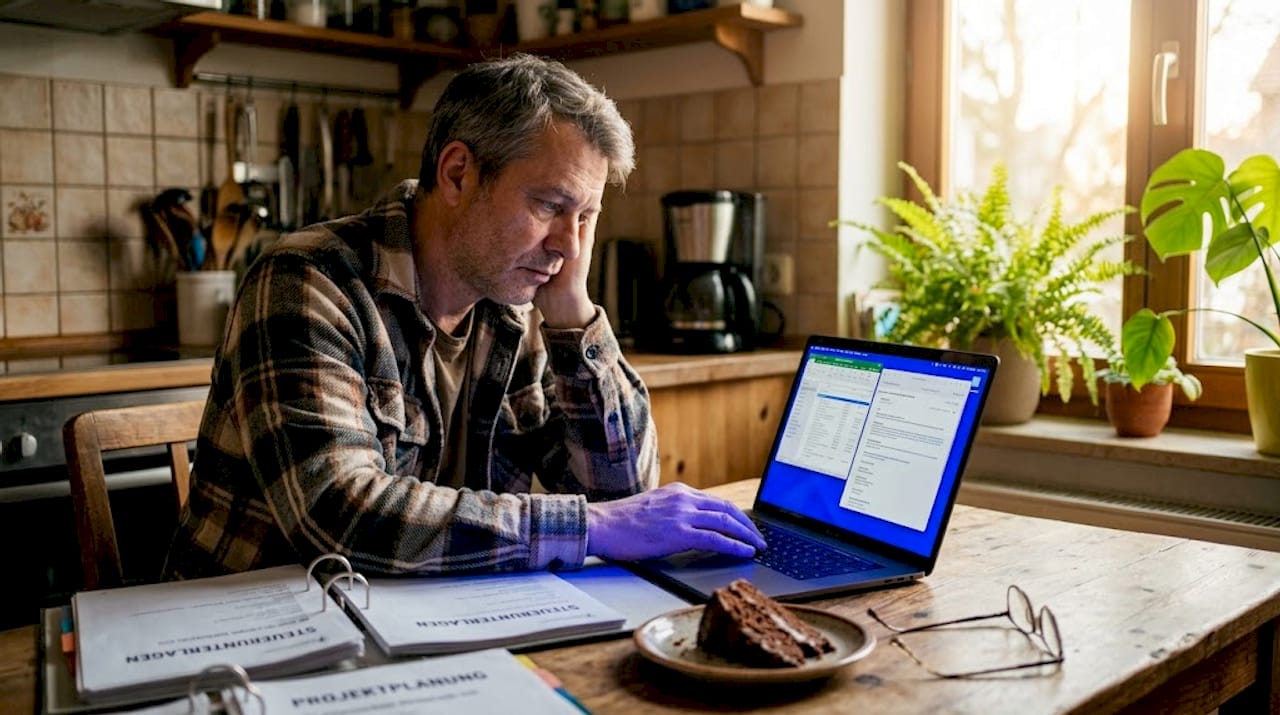 Noch halb verschlafen sitzt ein Mann am frühen Morgen vor seinen Unterlagen und versucht, sich auf die Arbeit zu konzentrieren.