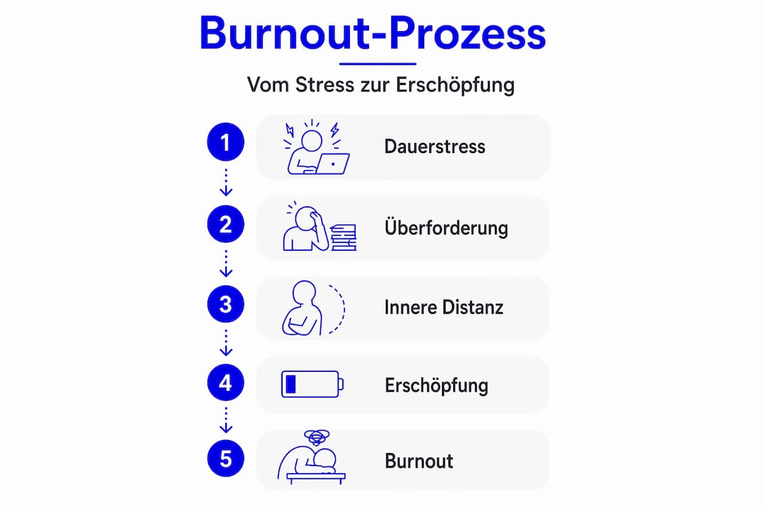Infografik: Wie Burnout schrittweise durch anhaltenden Stress entsteht