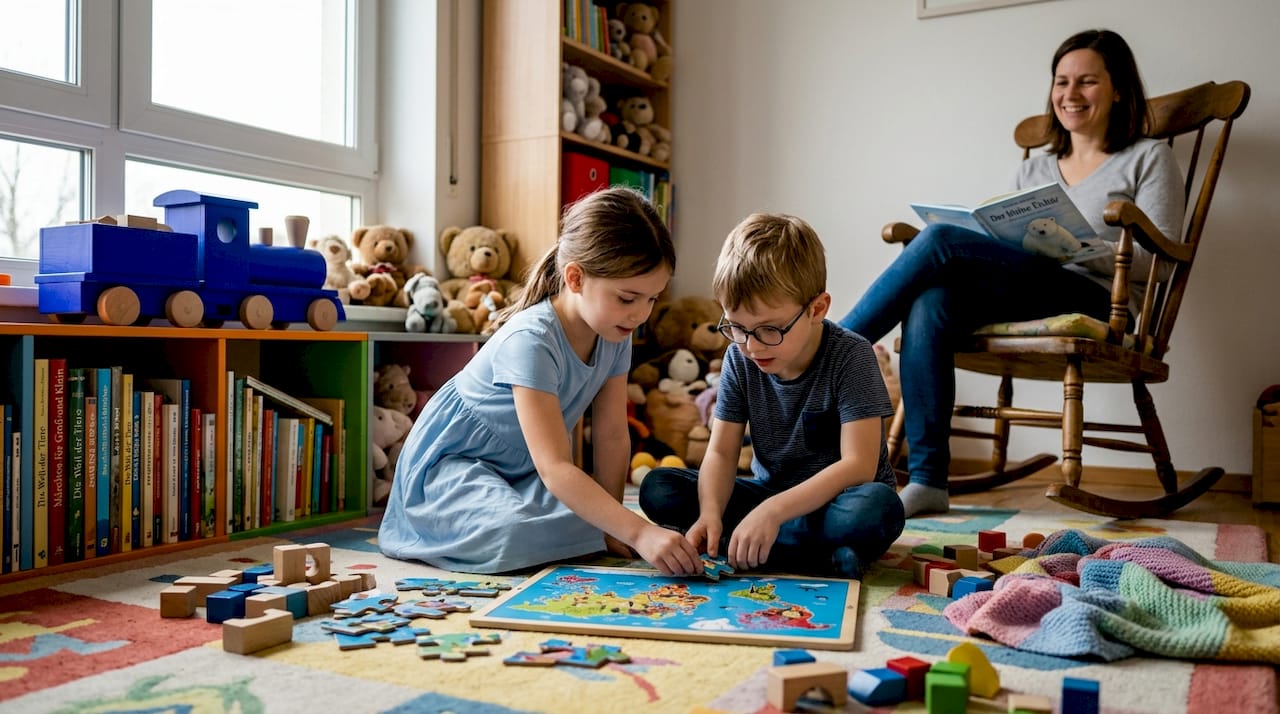 Beim gemeinsamen Spielen lernen Kinder, wie man auf andere eingeht, Rücksicht nimmt und Konflikte löst – so entwickeln sie wichtige soziale Fähigkeiten.