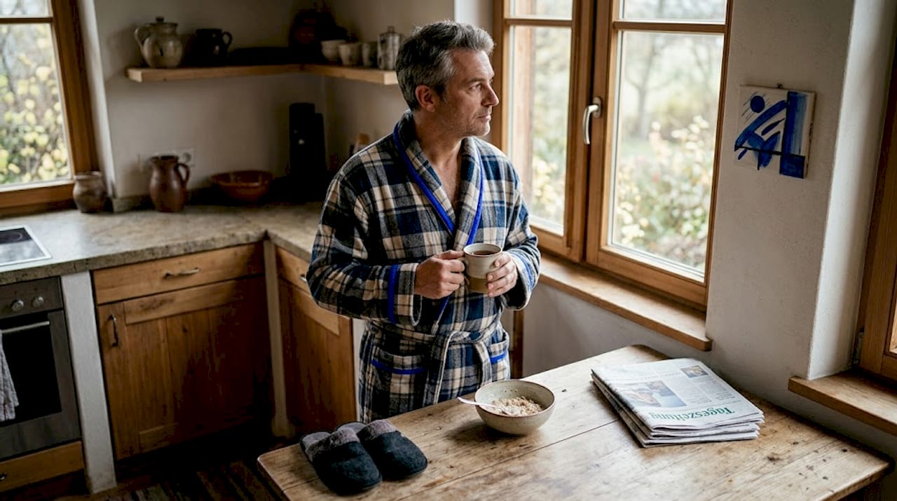 Ein Mann sitzt verschlafen am Frühstückstisch und hält eine Tasse Tee in der Hand.
