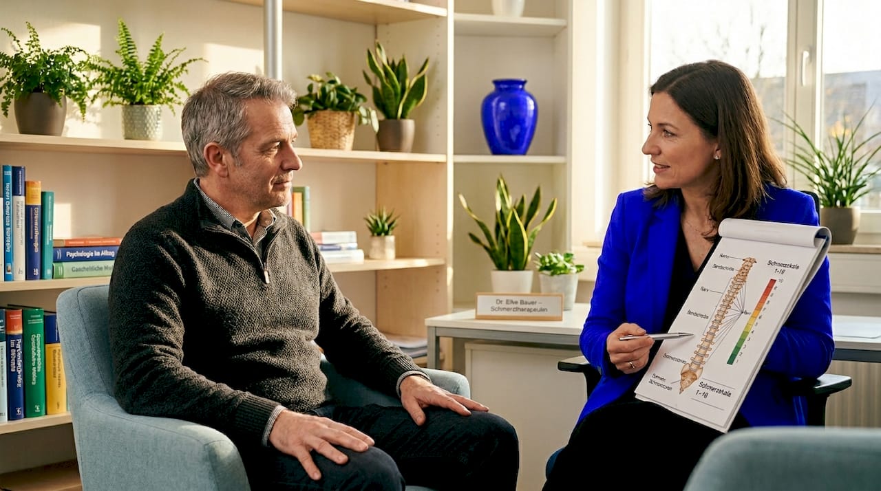 Patient und Therapeut besprechen gemeinsam, wie die Schmerzen am besten behandelt werden können.