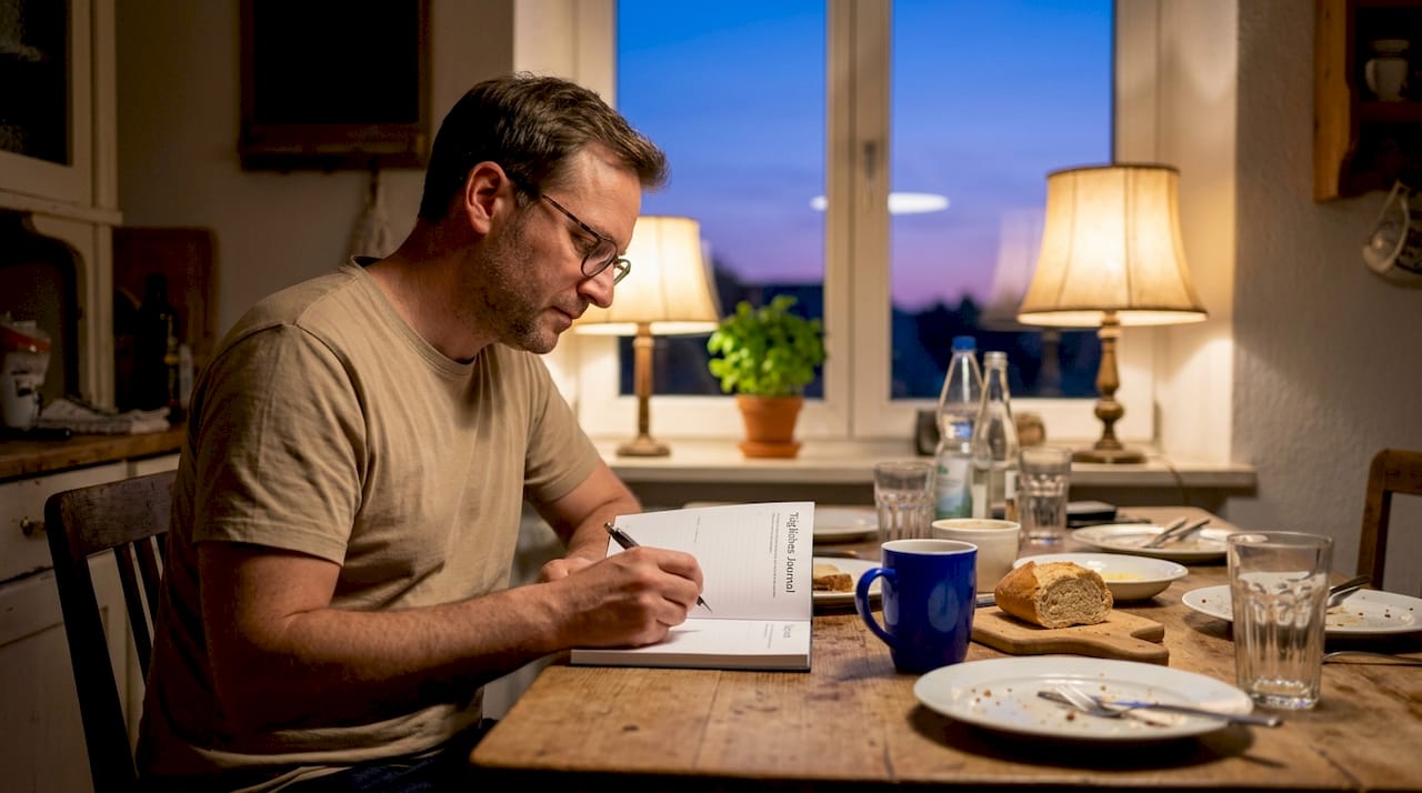 Ein Mann hält seine Gedanken für das Abendjournal fest.