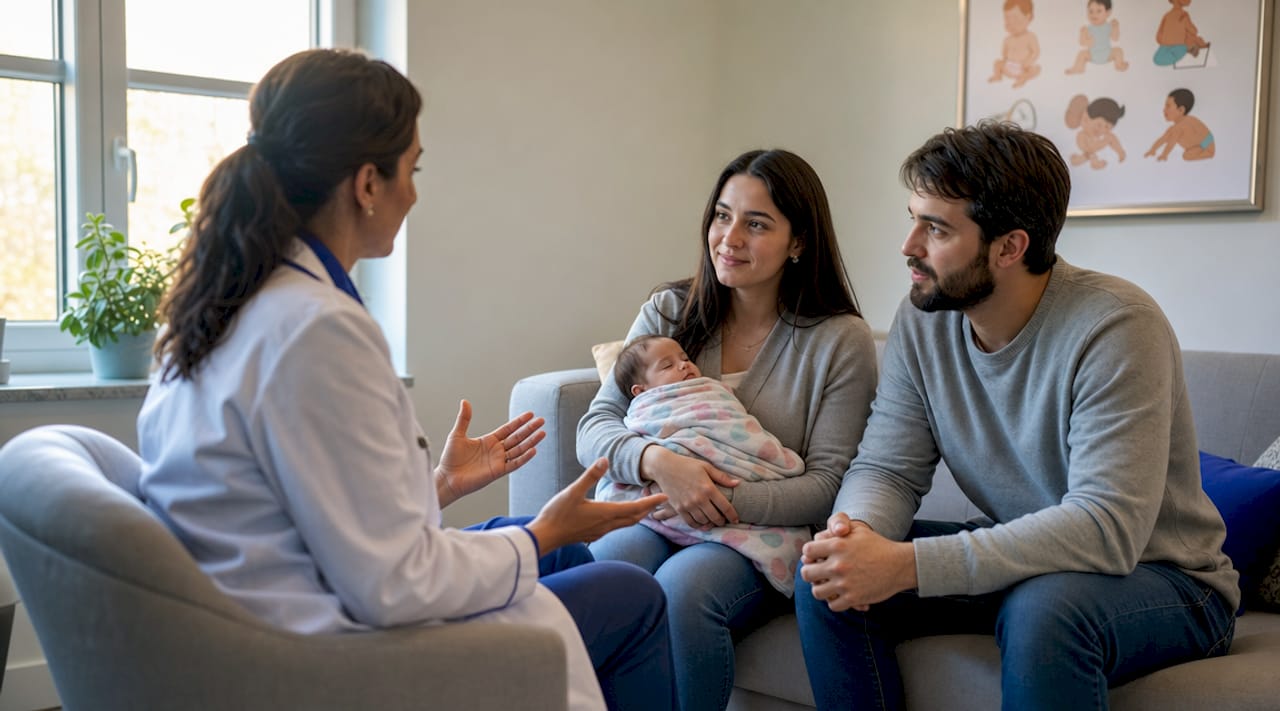Eine Kinderärztin bespricht mit den Eltern die Beschwerden ihres Babys.