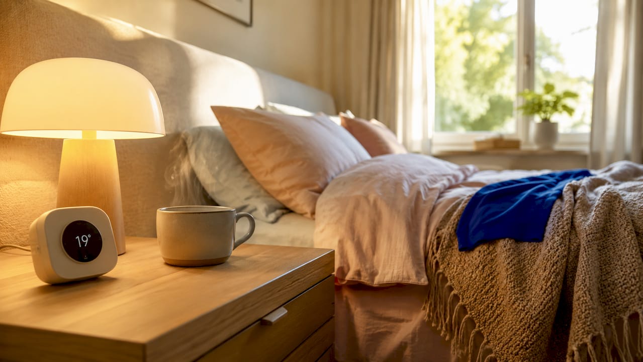 Gemütliche Nachttischgestaltung mit einer warmen Lampe und einem Thermometer, damit du es nachts immer behaglich hast.