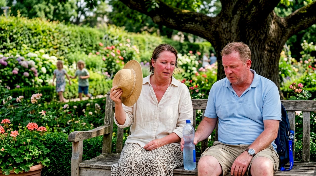 Ein Paar kämpft im Stadtpark mit der sommerlichen Hitze.