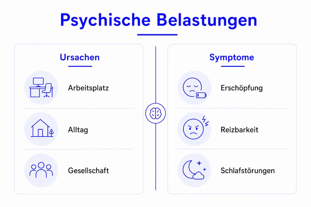 Die Infografik veranschaulicht, wodurch psychische Belastungen entstehen und welche Anzeichen darauf hindeuten.