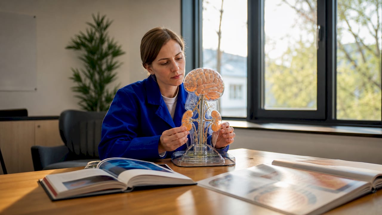 In den Händen wird ein anatomisches Stressmodell gehalten.