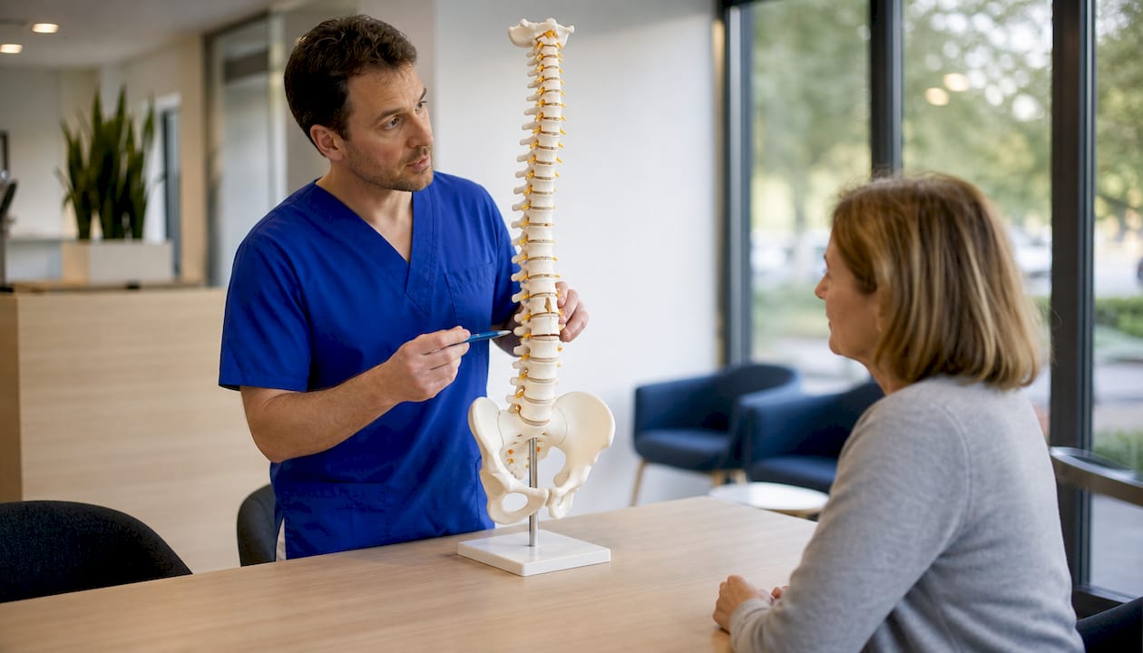 Ein Arzt erklärt einer Patientin anhand eines Wirbelsäulenposters den Aufbau der Wirbelsäule.
