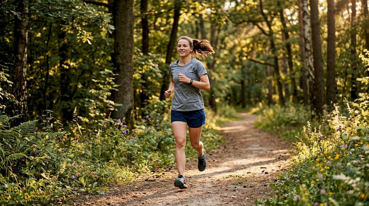 Eine junge Frau dreht im Park ihre Joggingrunde.