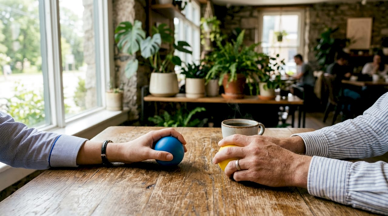 In der Nahaufnahme drücken Hände einen grünen und einen roten Stressball.