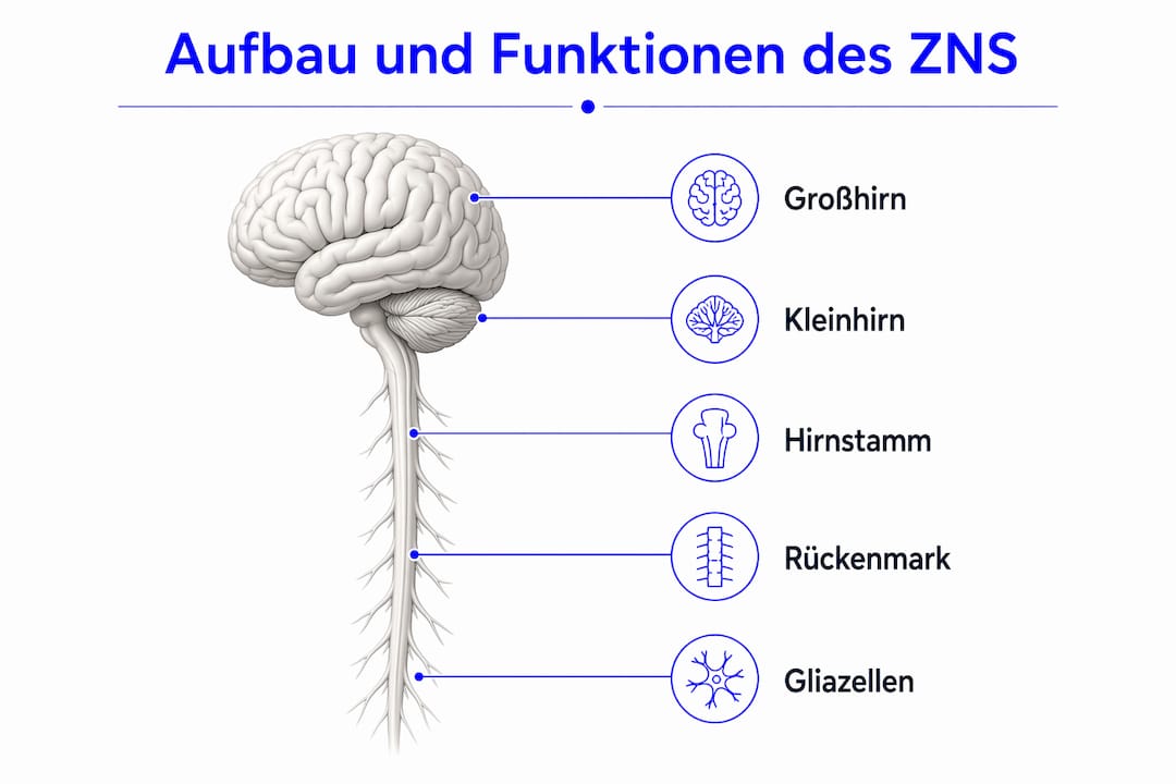 Übersichtliche Darstellung der wichtigsten Strukturen und Aufgaben des zentralen Nervensystems in vertikaler Anordnung