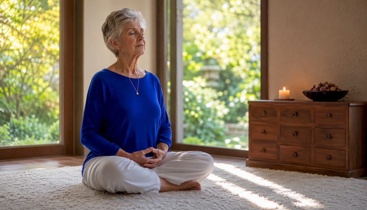 Ältere Frau sitzt entspannt und vertieft in ihre Meditation in einem ruhigen Raum.