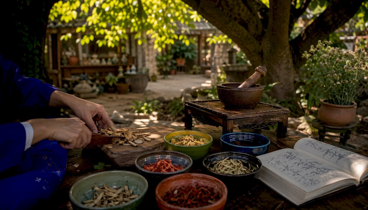 Sorgfältiges Vorbereiten von Kräutern für die traditionelle chinesische Medizin