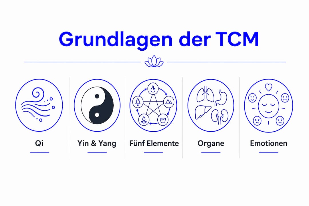Die Infografik vermittelt anschaulich die zentralen Prinzipien der Traditionellen Chinesischen Medizin – darunter das Qi, das Zusammenspiel von Yin und Yang sowie die Lehre der fünf Elemente.