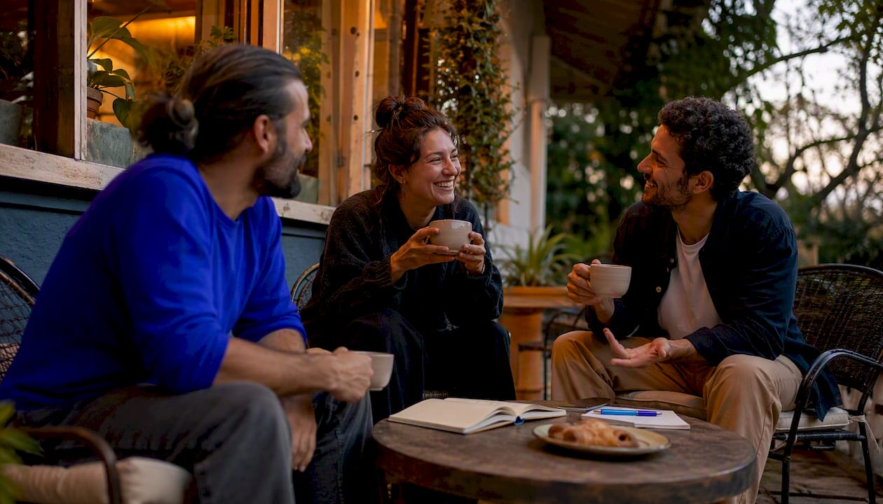 Eine Gruppe sitzt im Café und führt lebhafte Gespräche.