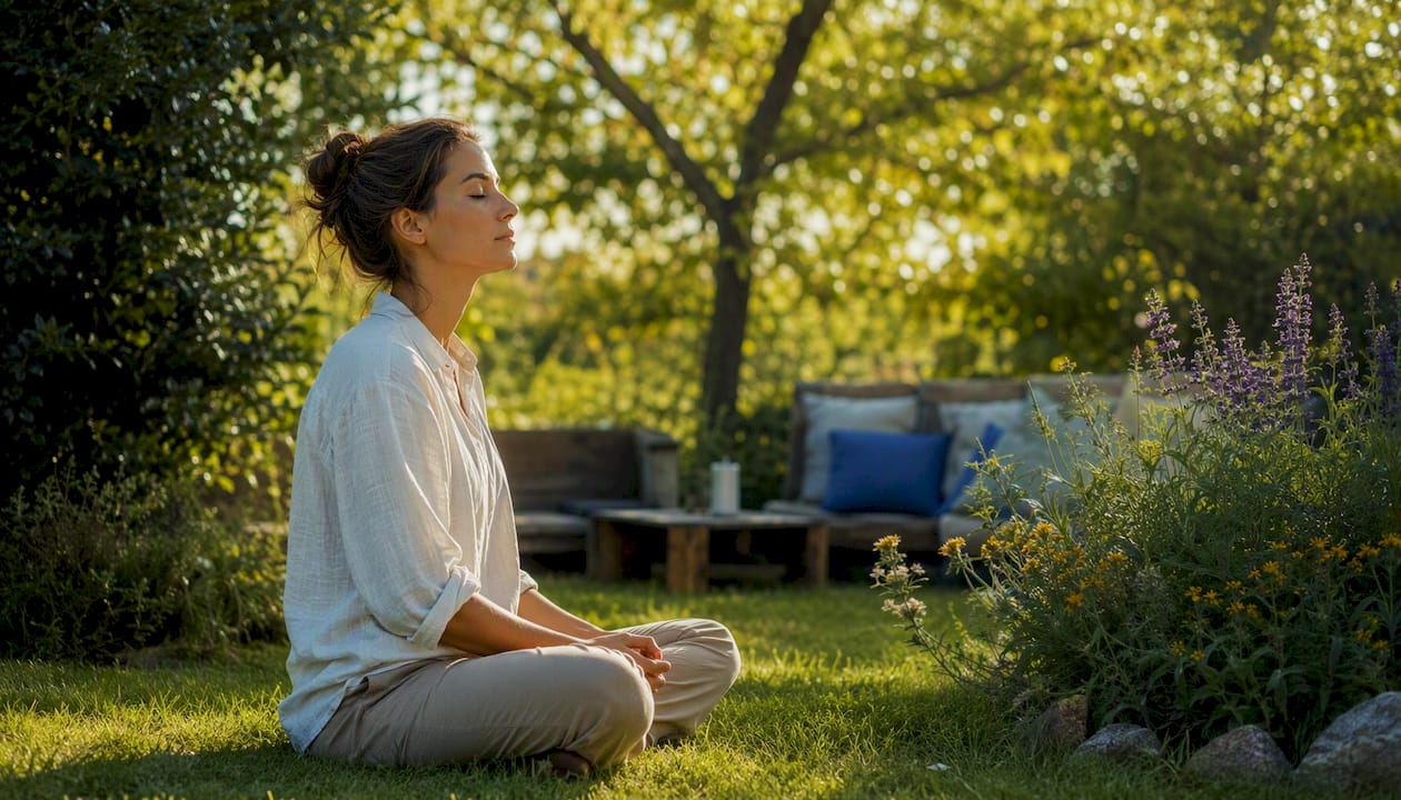 Hände, die eine Mala über einer Yogamatte halten