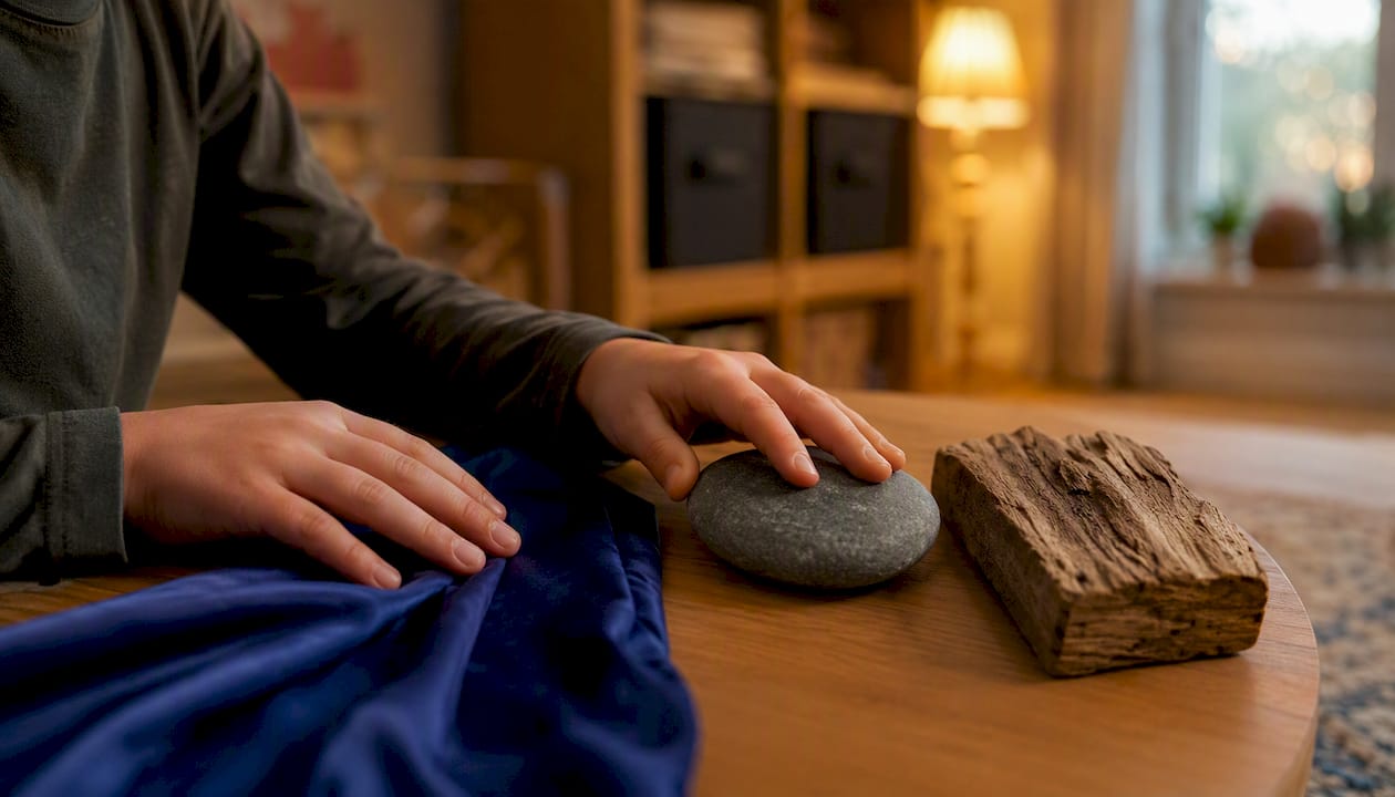 Hände ertasten neugierig verschiedene Materialien und Oberflächenstrukturen.