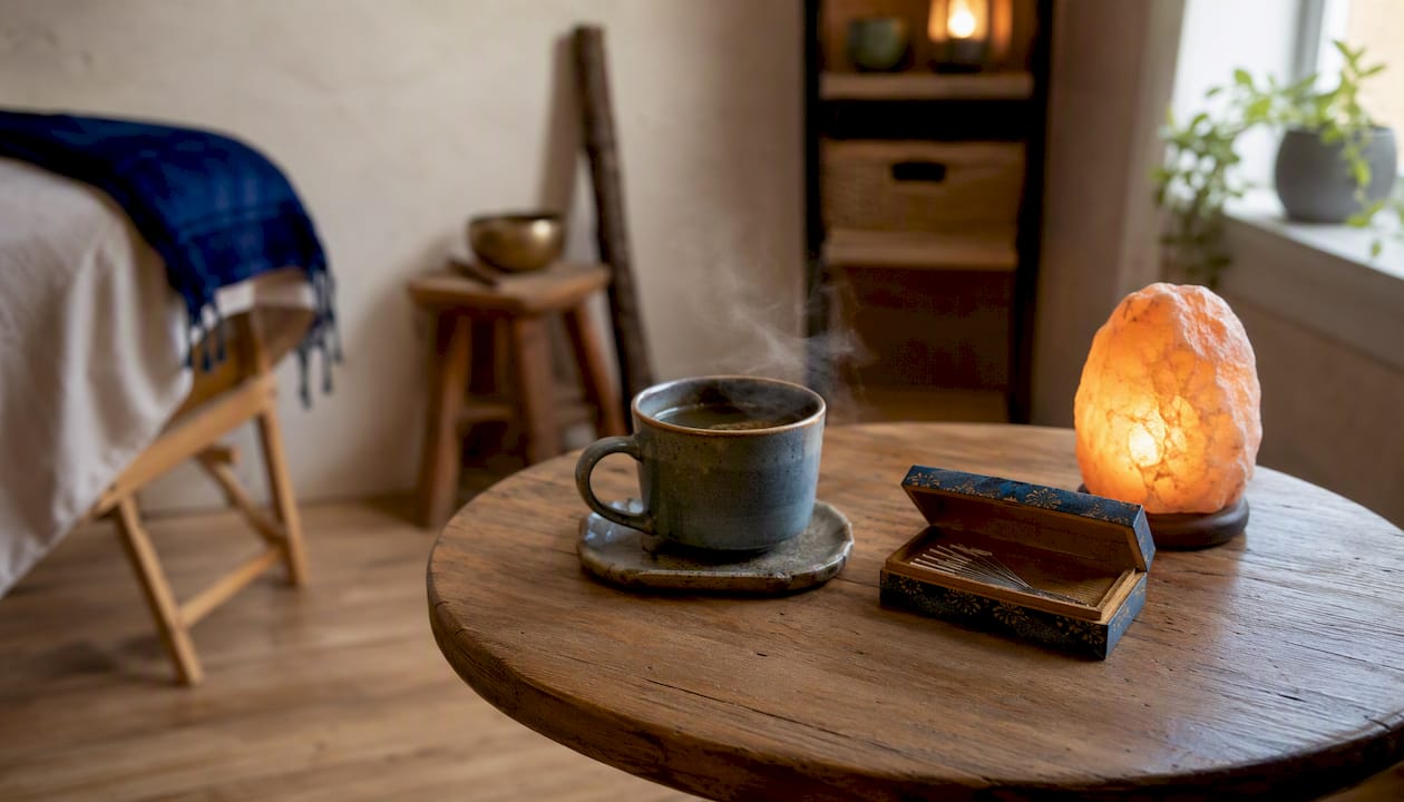 Ein Behandlungstisch, auf dem sowohl Akupunkturutensilien als auch eine Tasse Kräutertee bereitstehen – eine entspannte Atmosphäre für Körper und Geist.