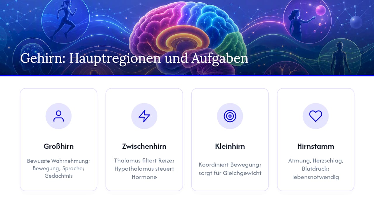 Übersichtsgrafik der wichtigsten Hirnareale und ihrer jeweiligen Aufgaben