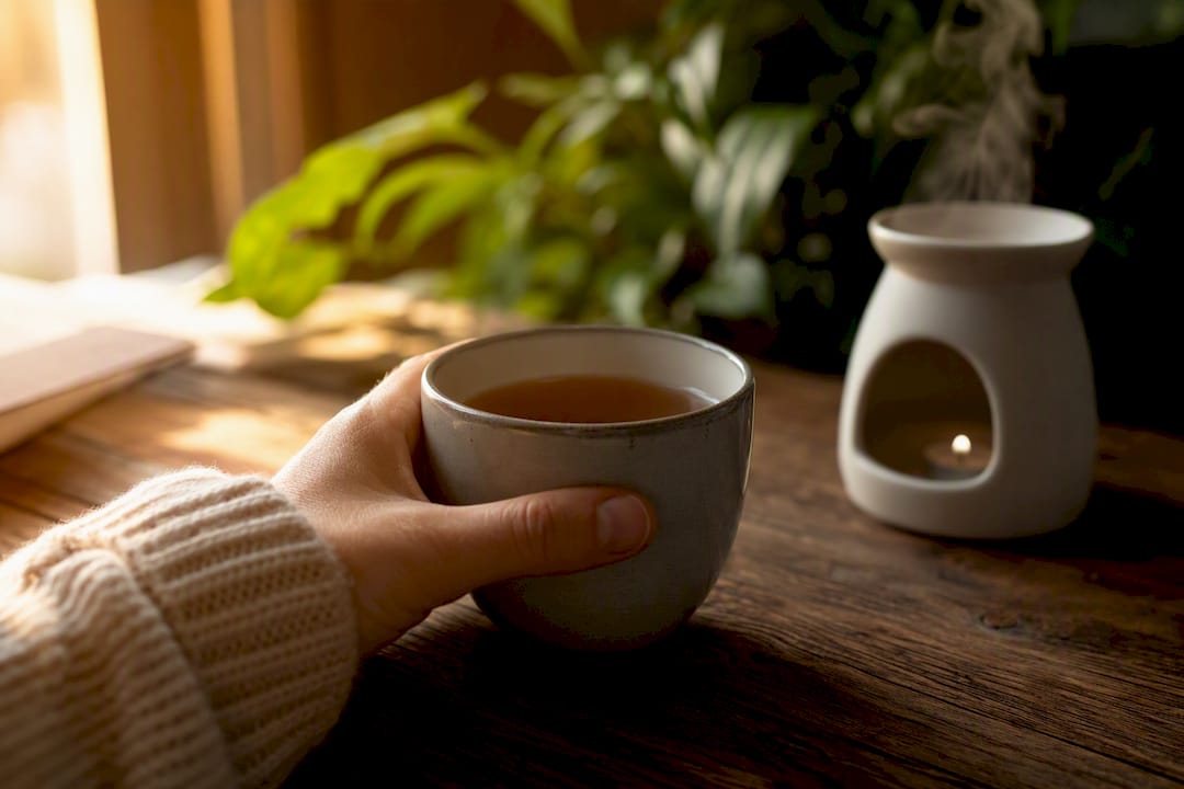 Hand hält Teetasse in entspannter Atmosphäre