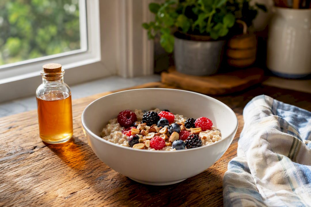 Schüssel Haferbrei mit Beeren und Nüssen