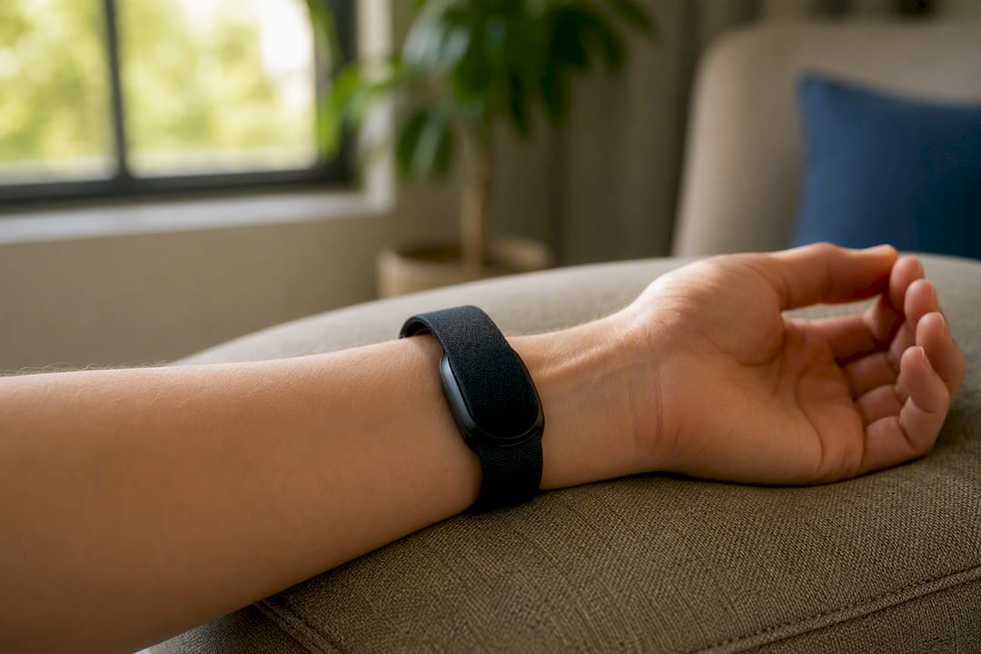 Nahaufnahme eines Handgelenks mit Herzfrequenzvariabilitäts-Monitor