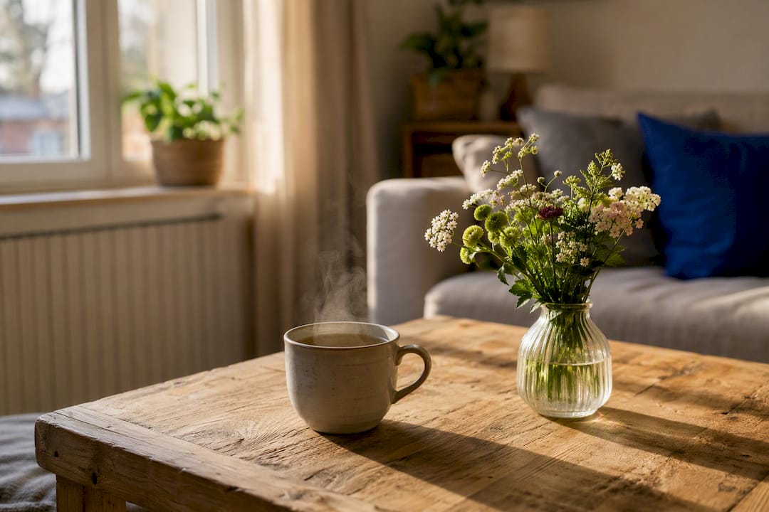 Teetasse und Blume als kleine Geste der Fürsorge