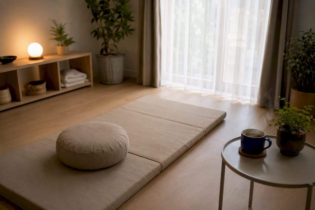 Ecke eines Wellnessraums mit Meditationsbereich