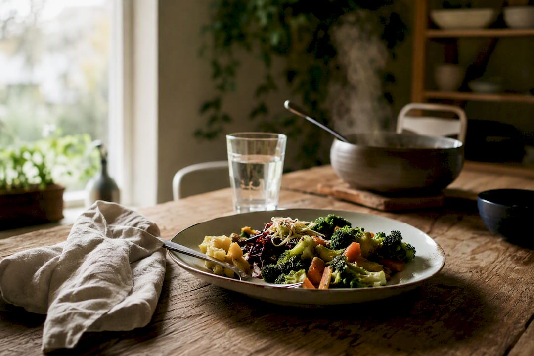 Gesunde Mahlzeit auf dem Tisch mit Dampf