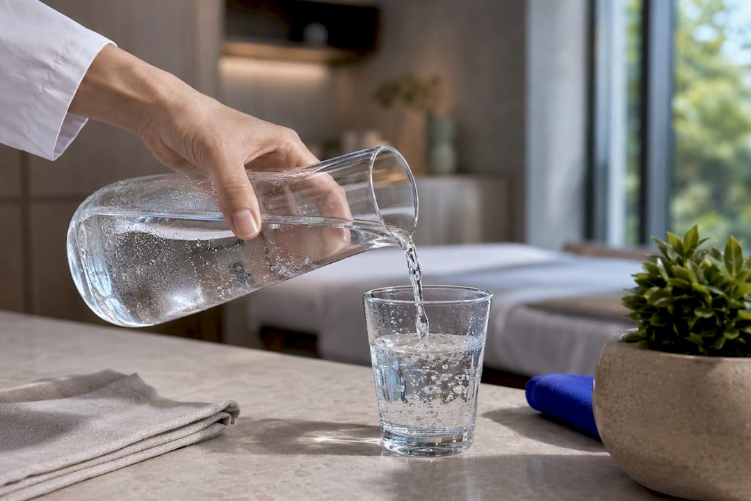 Wasser wird in ein durchsichtiges Glas gegossen