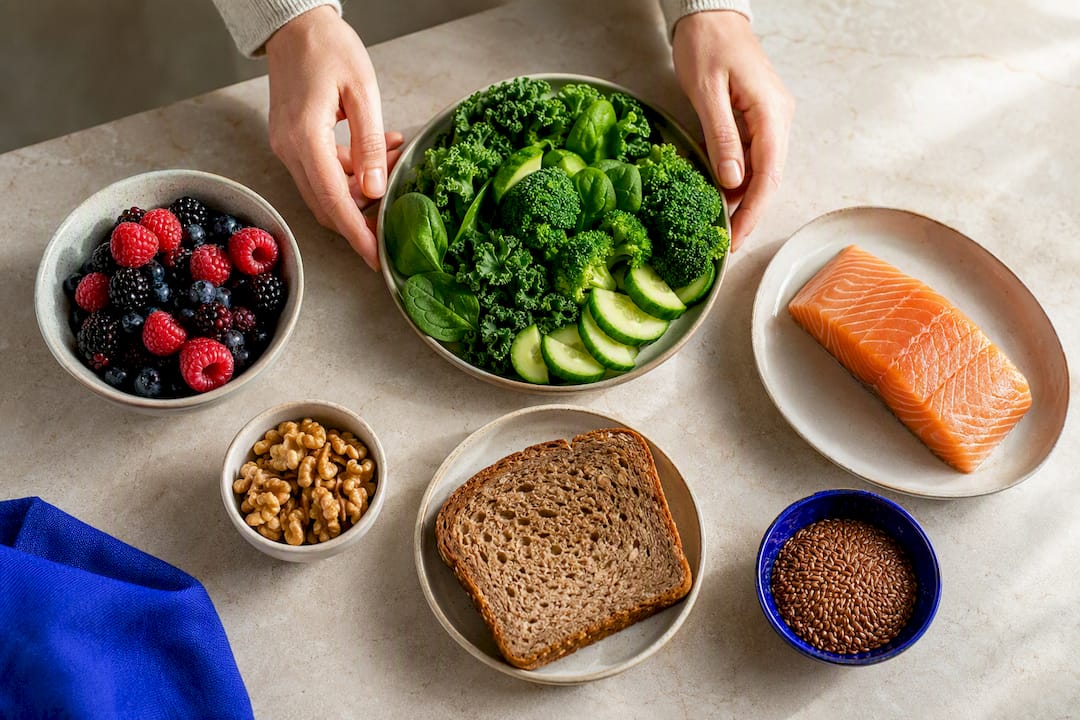 Obst, Gemüse, Nüsse, Vollkornprodukte und Fisch
