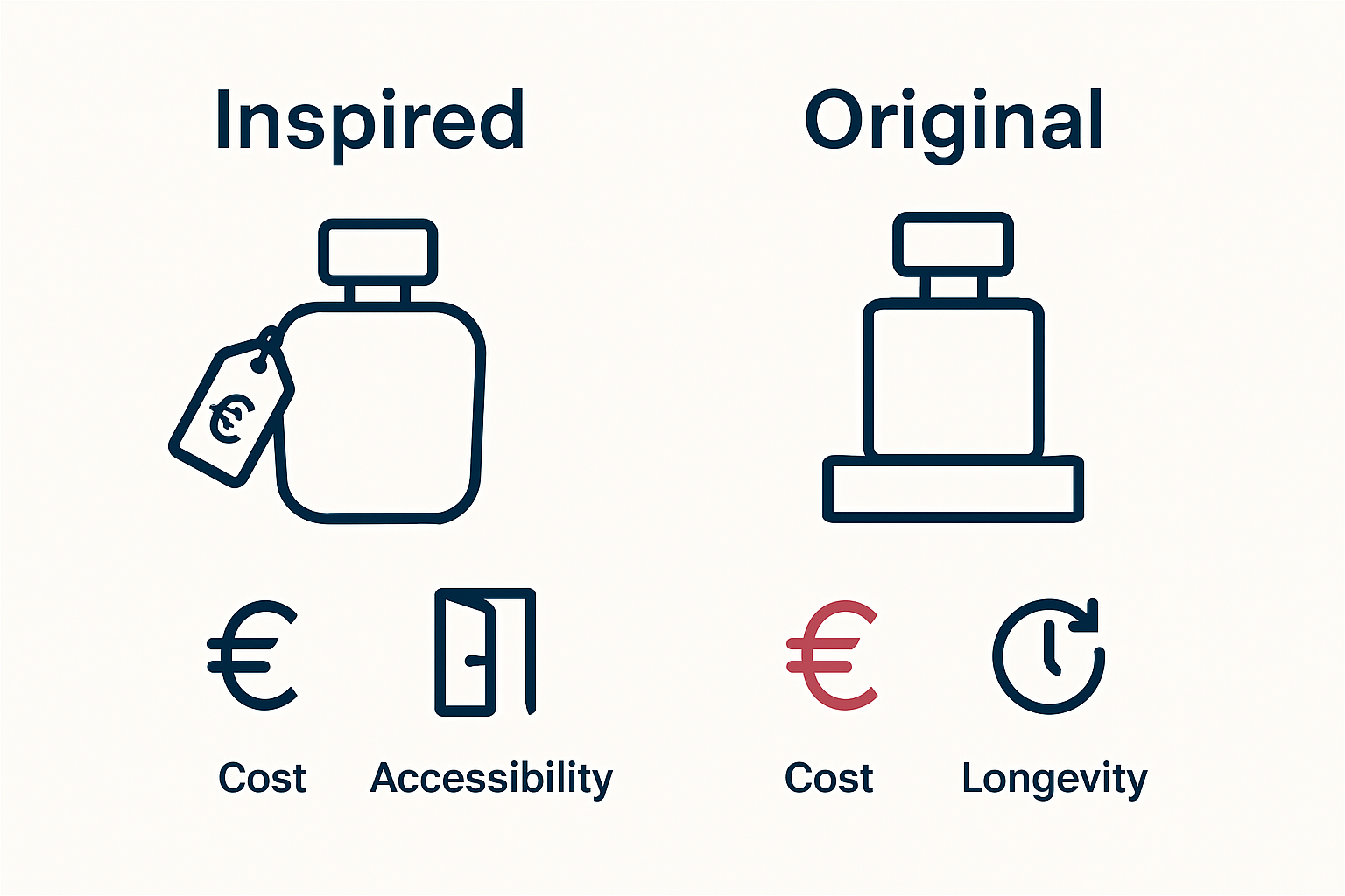 Infographic comparing inspired scents to original designer perfumes in price, accessibility, and longevity