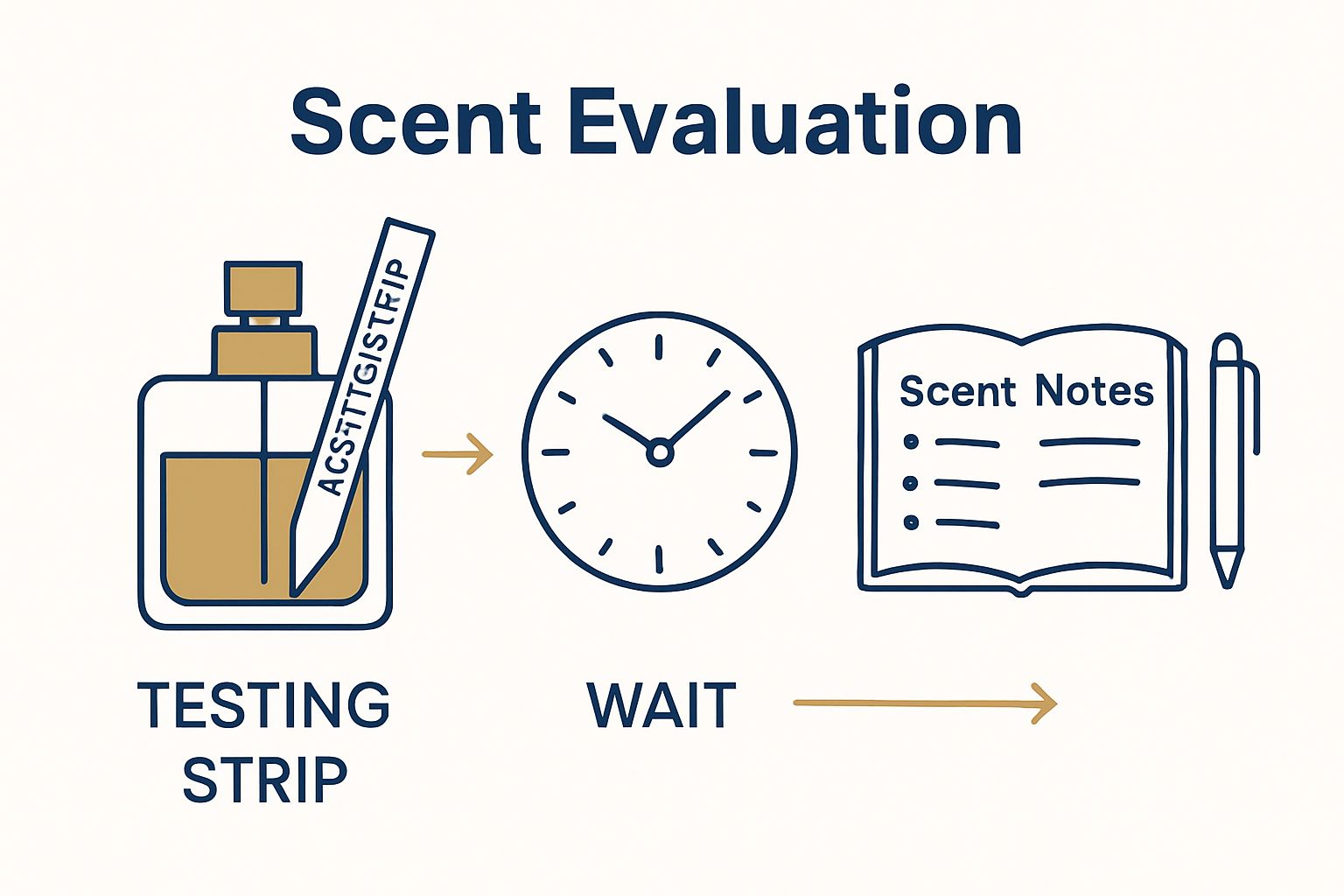 Three-step fragrance testing with strips, timer, and recording notes