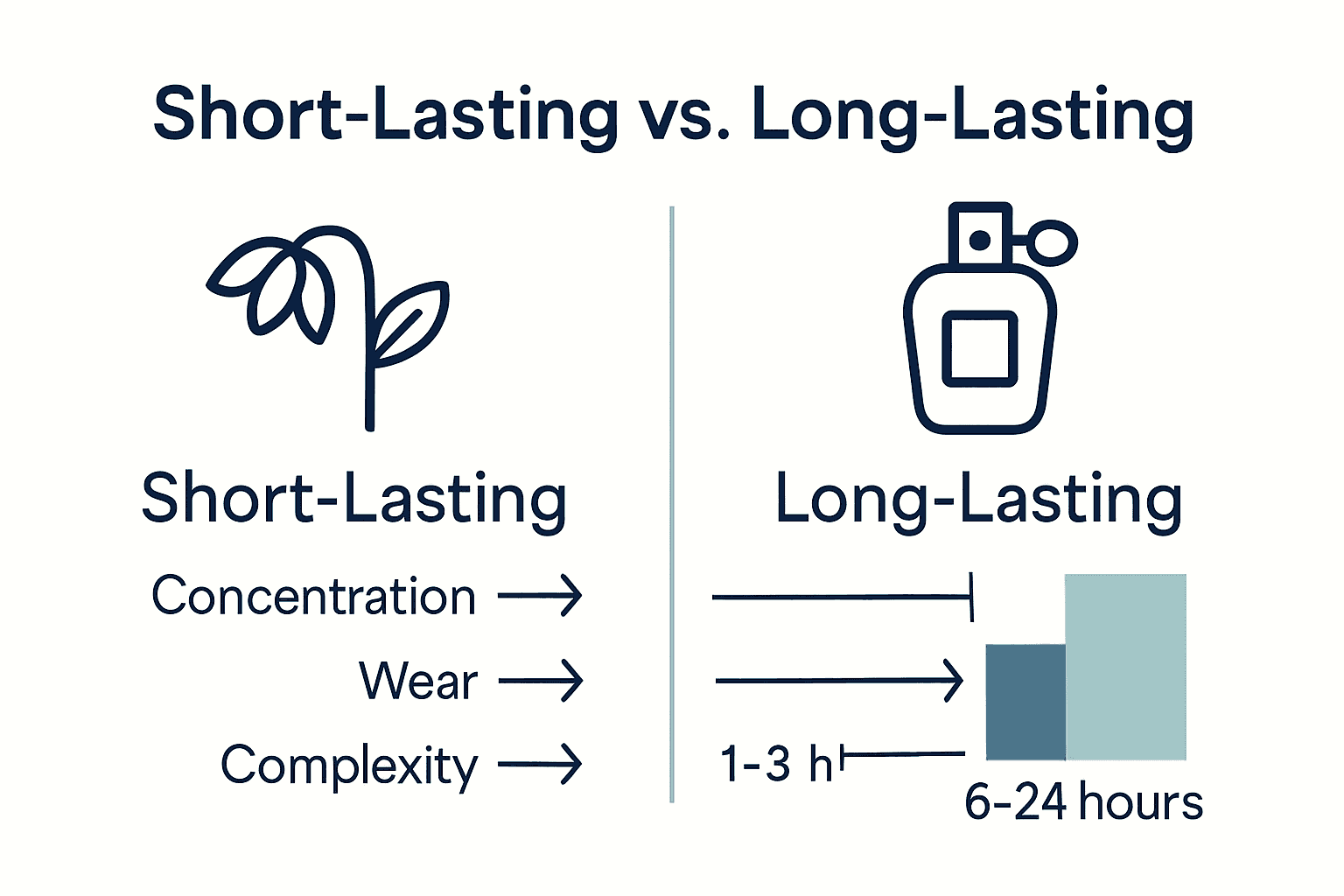 Infographic comparing short vs long lasting perfumes—oil concentration, duration, complexity.