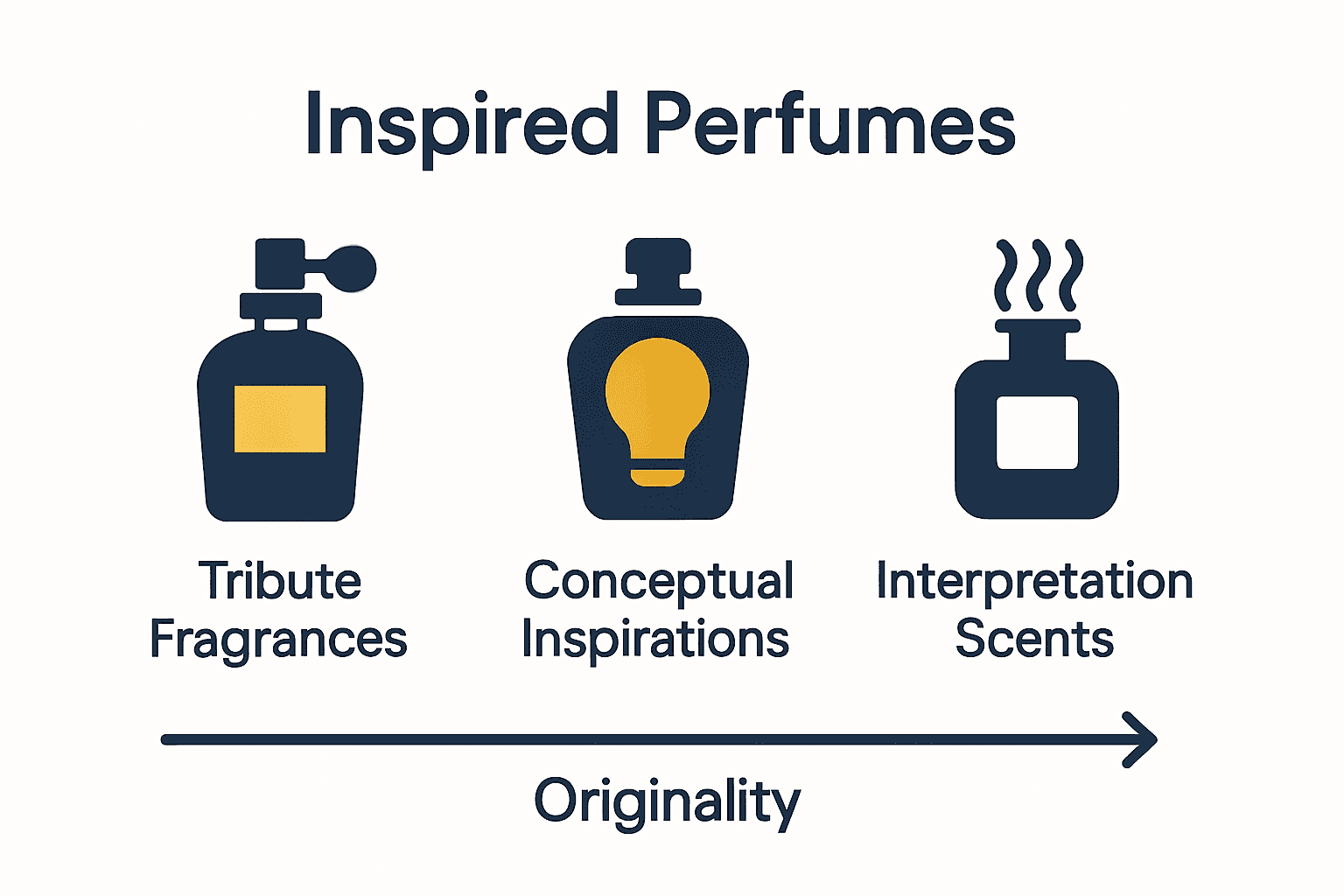 Infographic comparing three types of inspired perfumes with icons and originality scale