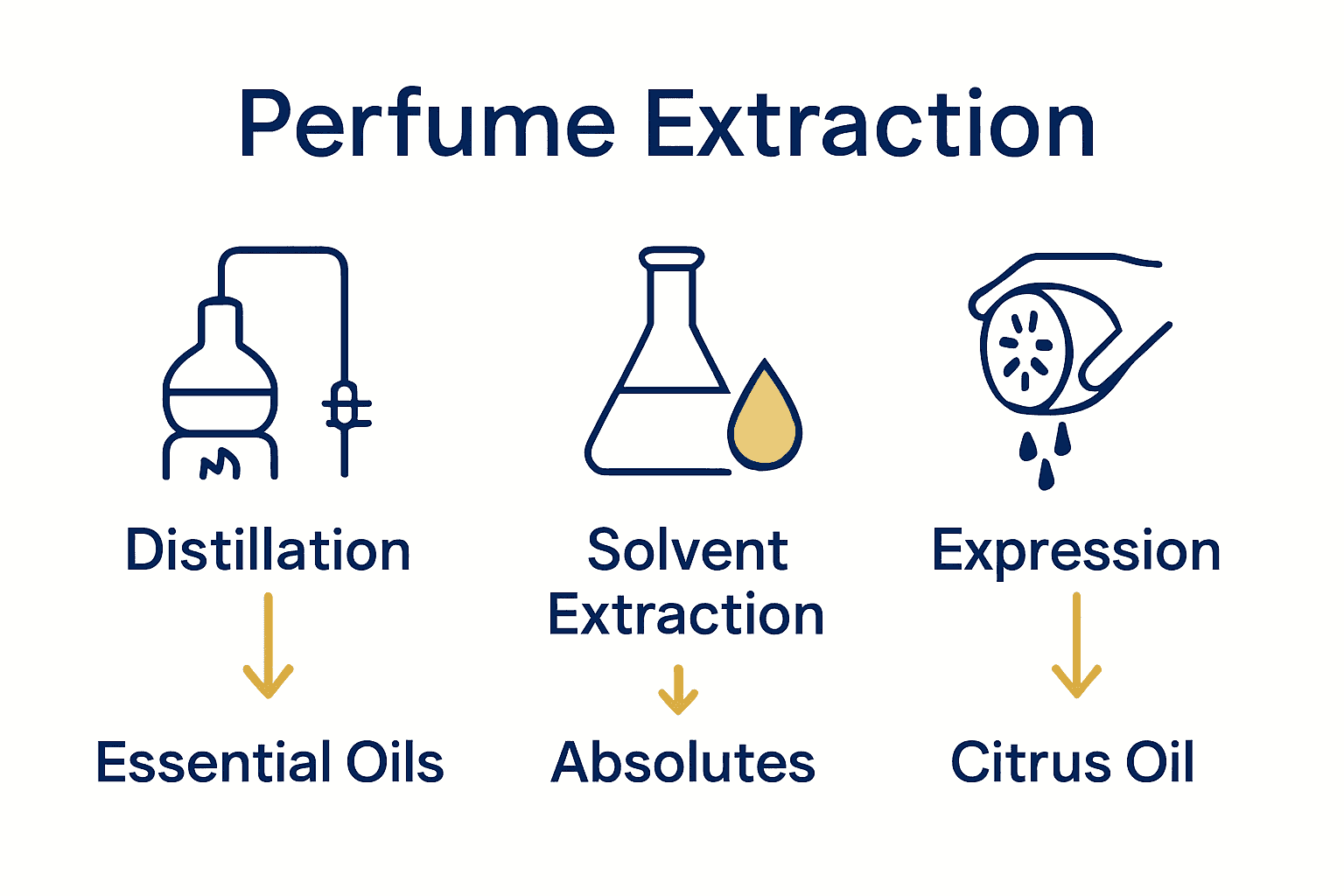 Infographic showing main perfume extraction methods and their outputs using process icons.