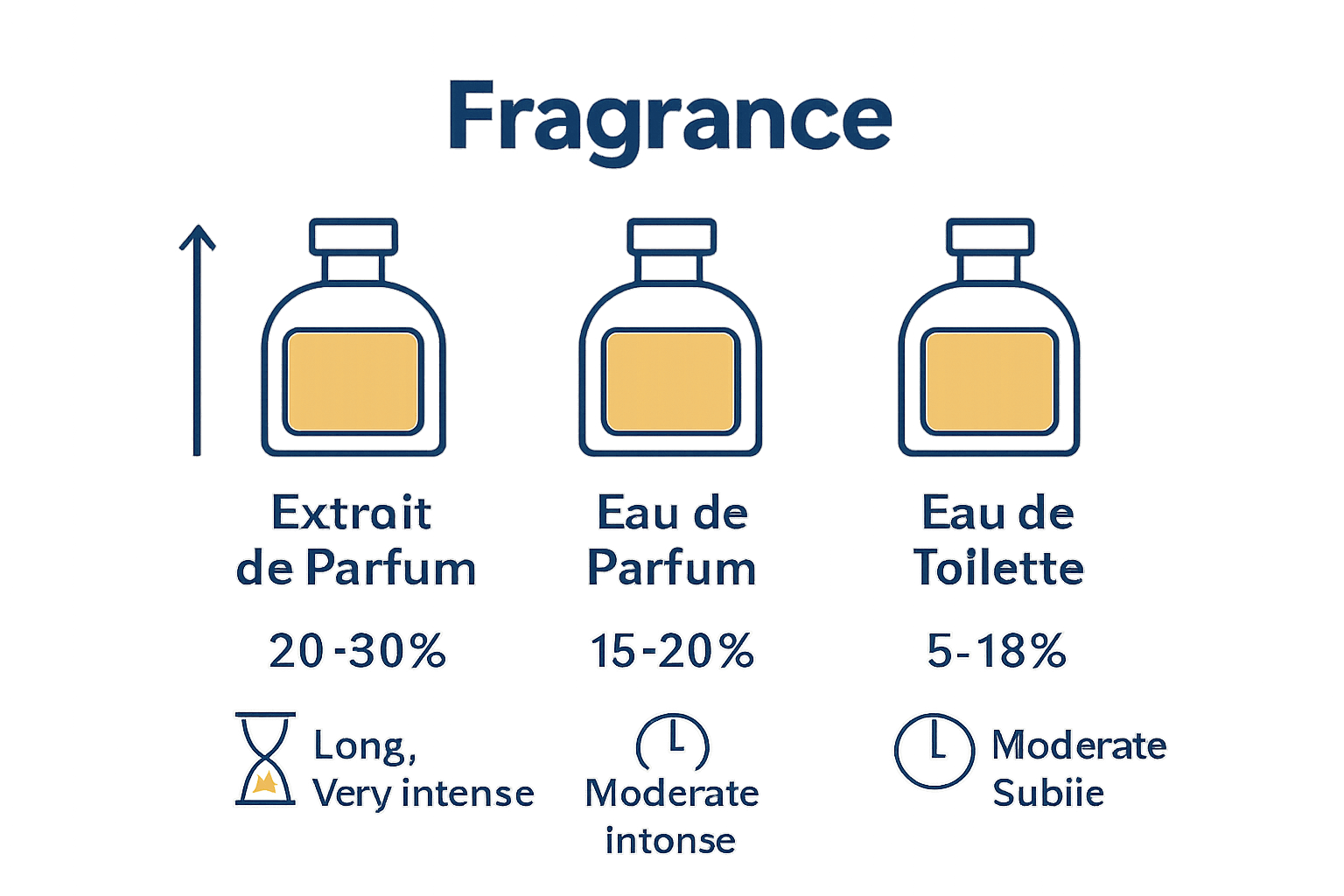 Infographic showing comparison of parfum, EDP, and EDT concentration and longevity.