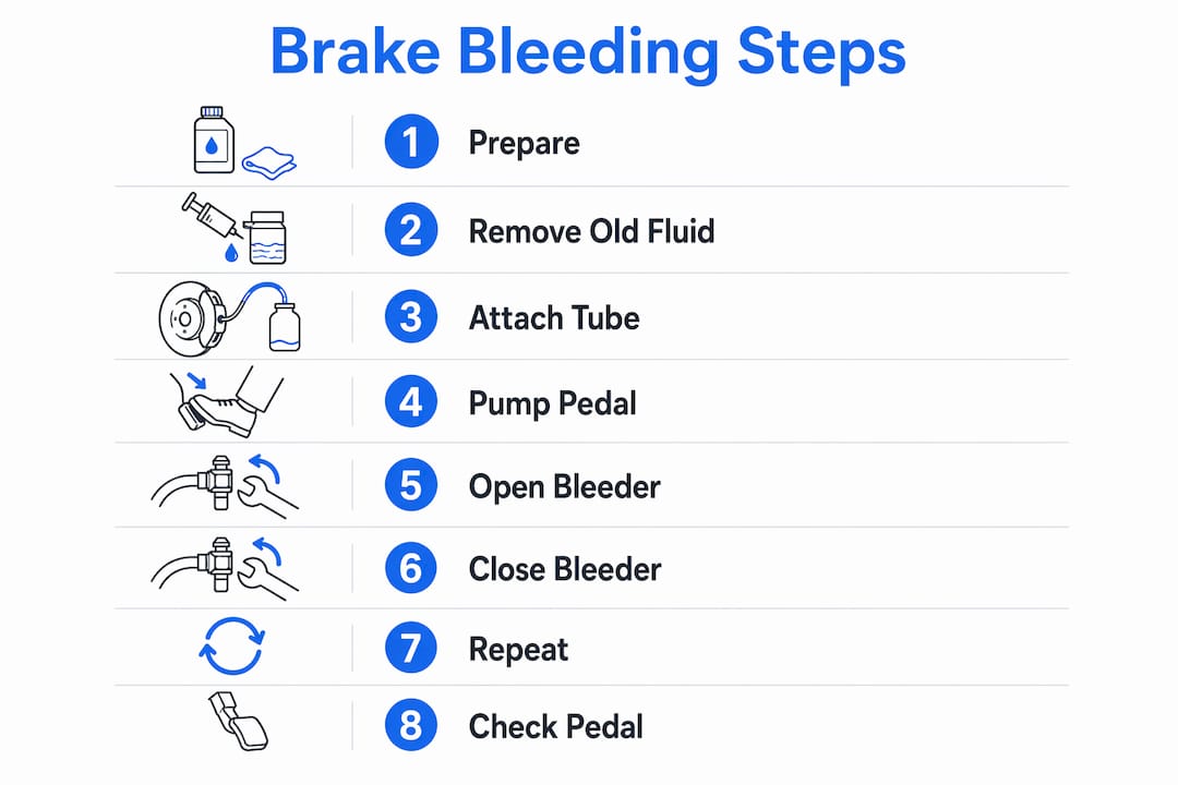 Infographic illustrating brake bleeding step-by-step procedure
